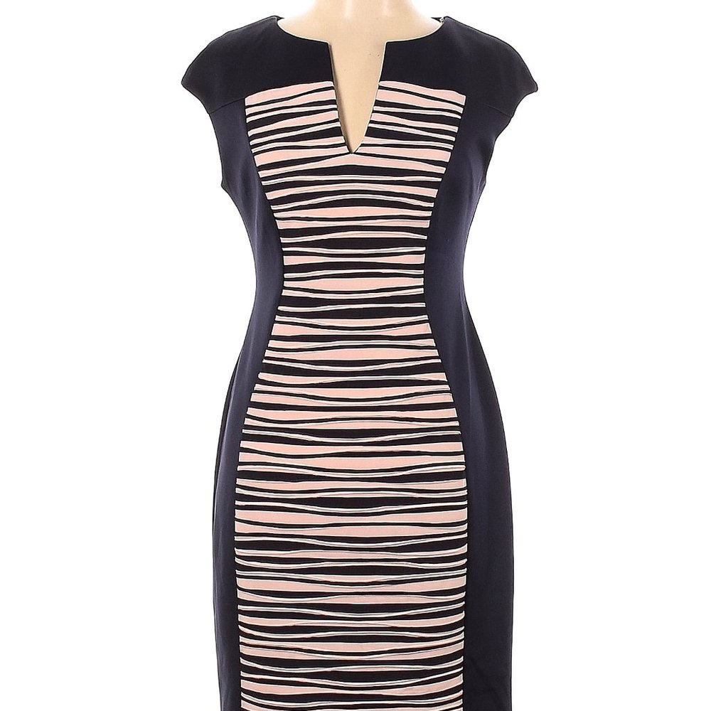 Connected Apparel black dress, center stripes for hourglass shaping, plus size